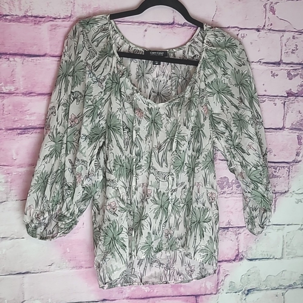 KAREN KANE SHEER LIGHTWEIGHT COTTON ZEBRA PALM TREE NATURE PRINTED TASSEL BLOUSE